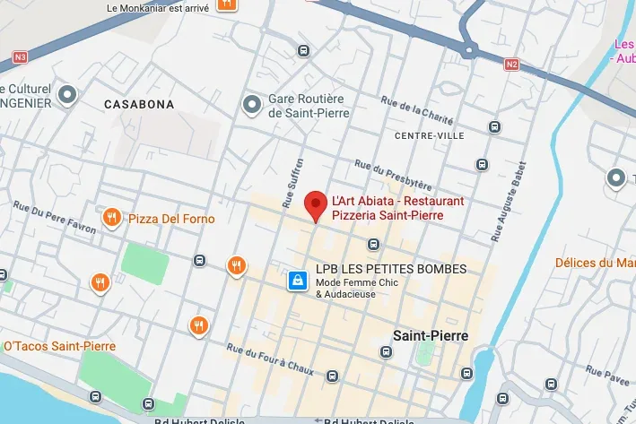 Plan de Saint-Pierre centré sur L'Art Abiata, rue Marius et Ary Leblond